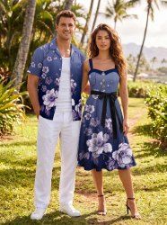 Tenue de plage hawaïenne assortie pour couple, motif branches fleuries en dégradé - Bleu 