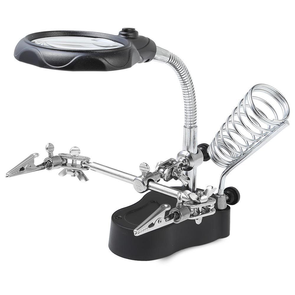 

3.5X 12X Magnification Helping Hand Magnifier Station with 2 Auxiliary 2 LED Light, Gray;grey