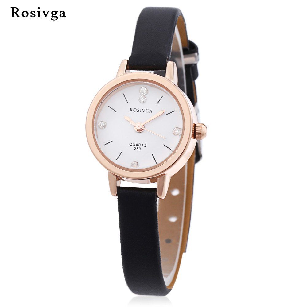 

Rosivga 260 Women Quartz Watch Artificial Diamond Dial Slender Leather Strap Wristwatch, Black
