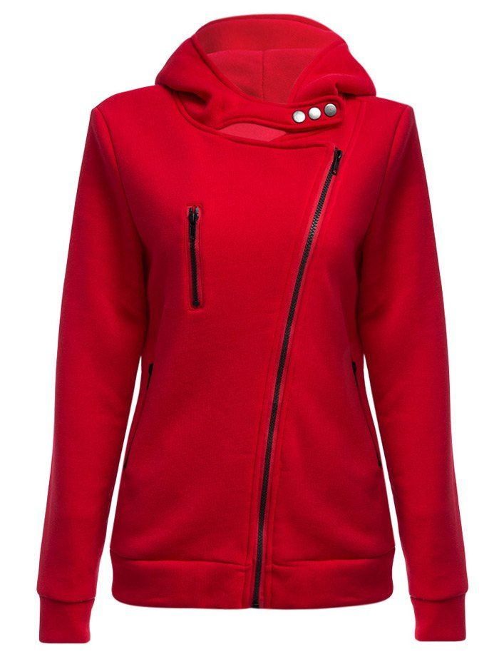 

Casual Turn-down Collar Zipper Button Design Women Hoodie, Red