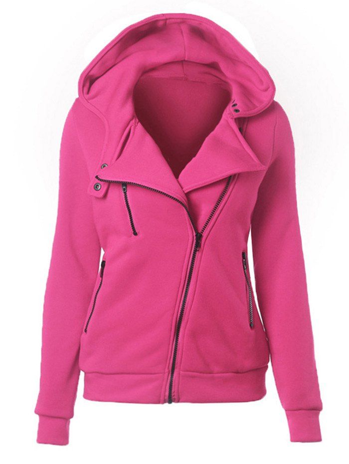 

Casual Turn-down Collar Zipper Button Design Women Hoodie, Rose madder