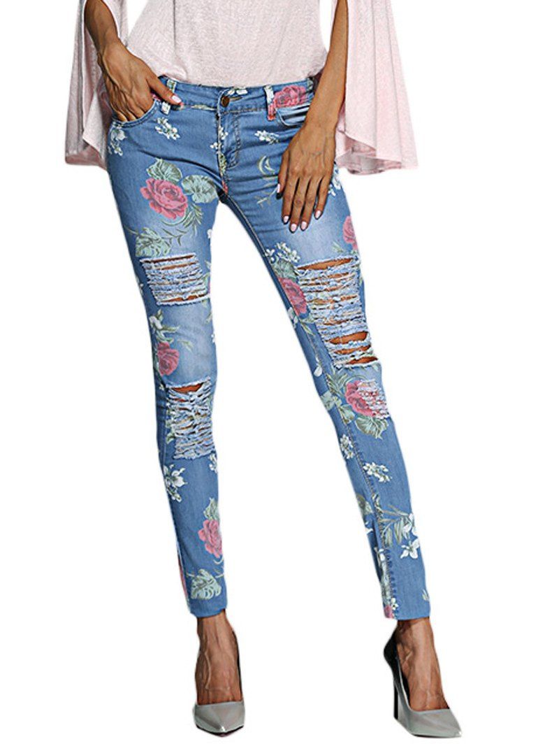 Trendy Chic Mid Waist Floral Print Frayed Skinny Women Jeans  
