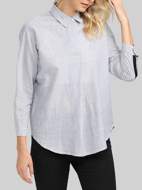 Light Blue 2xl Casual Turn Down Collar Striped Loose Women Shirt ...