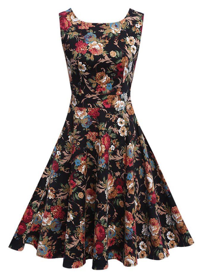 2018 Floral Bowtie Midi Fit And Flare Dress In Black S | Rosegal.com