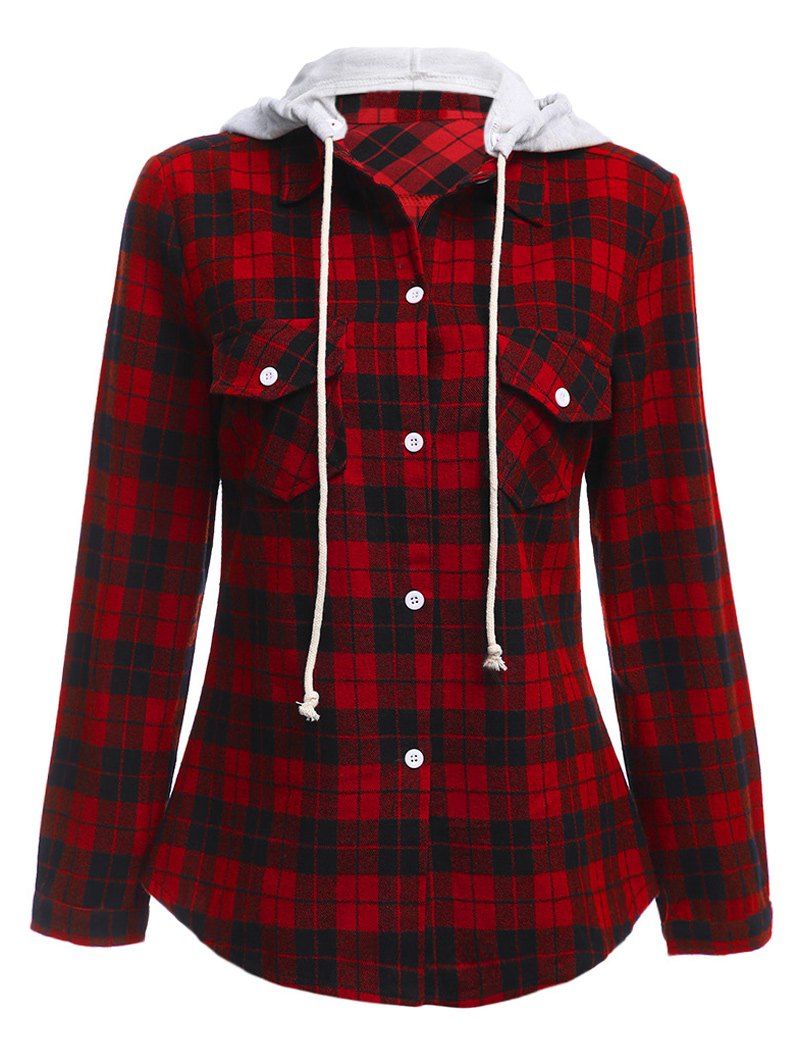 

Long Sleeve Drawstring Hooded Plaid Flannel Shirt, Red