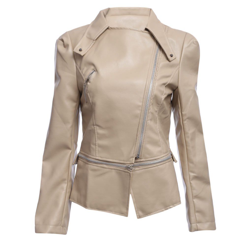 Cheap Stylish Turn-down Collar Long Sleeve Zipper Rivet Decoration PU Leather Women Jacket  