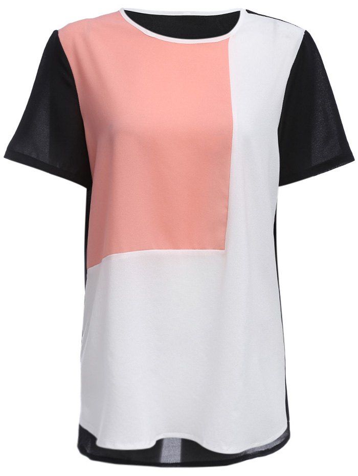 

Fashion Round Collar Color Block Spliced Women Chiffon T-shirt, Black