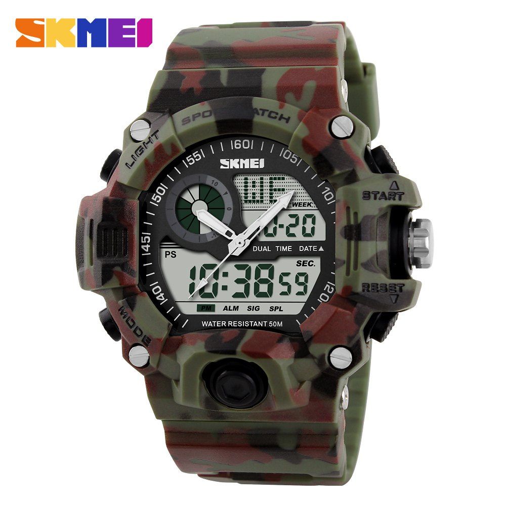

Skmei 1029 Army LED Dual-movt Wristwatch Week Date Stopwatch 5ATM Water Resistant Military Watch for Sports, Camouflage;blue;green;red