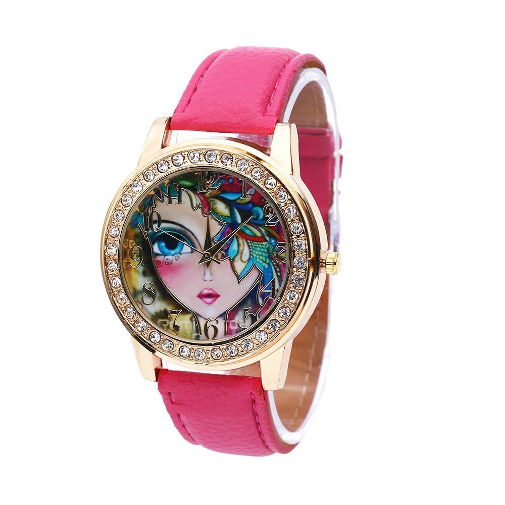 

Women Quartz Watch Rhinestone Exquisite Pattern Leather Band Bangle Fashion Wristwatch, Rose red