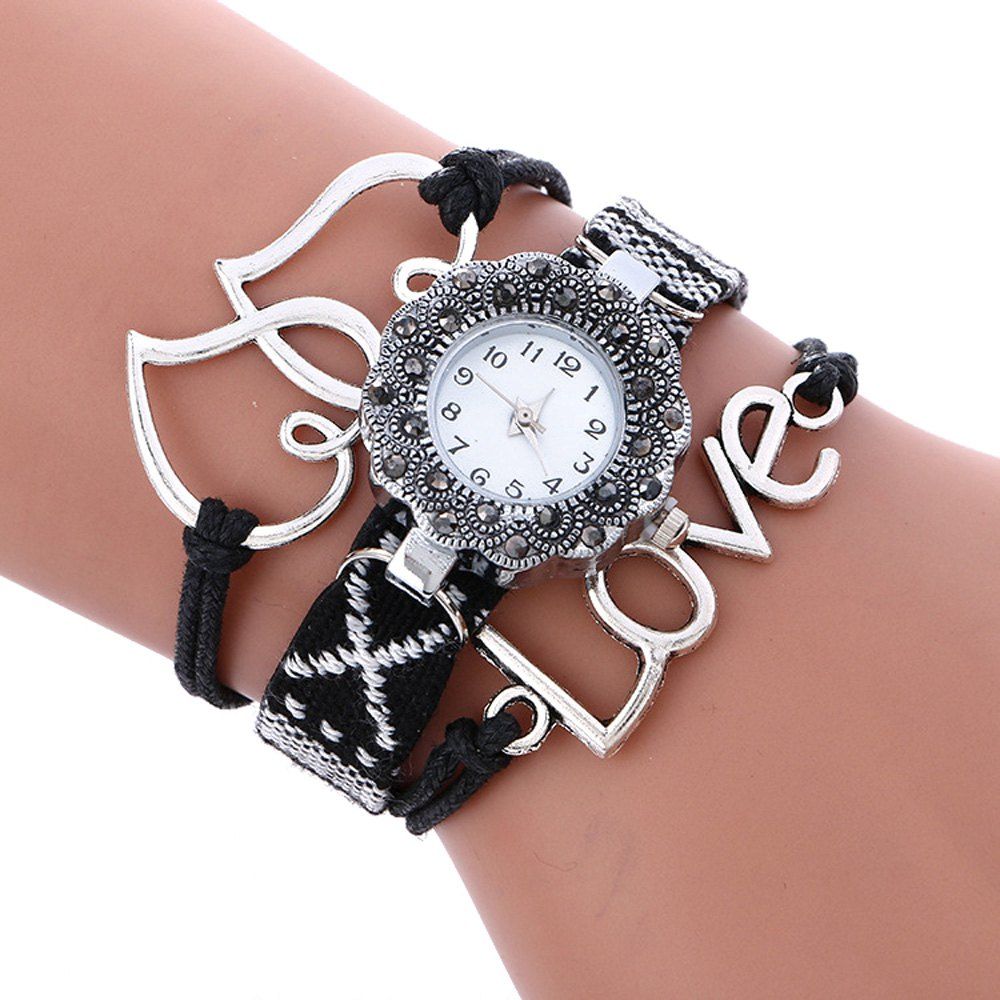 

Female Quartz Watch Rhinestone Love Decoration Leather Band Fashion Bangle Wristwatch, Black