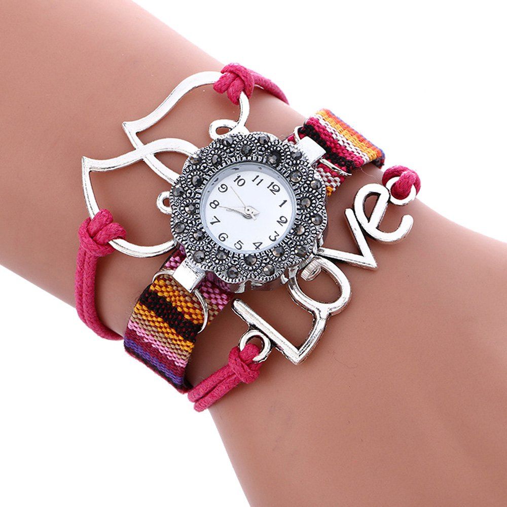 

Female Quartz Watch Rhinestone Love Decoration Leather Band Fashion Bangle Wristwatch, Rose red