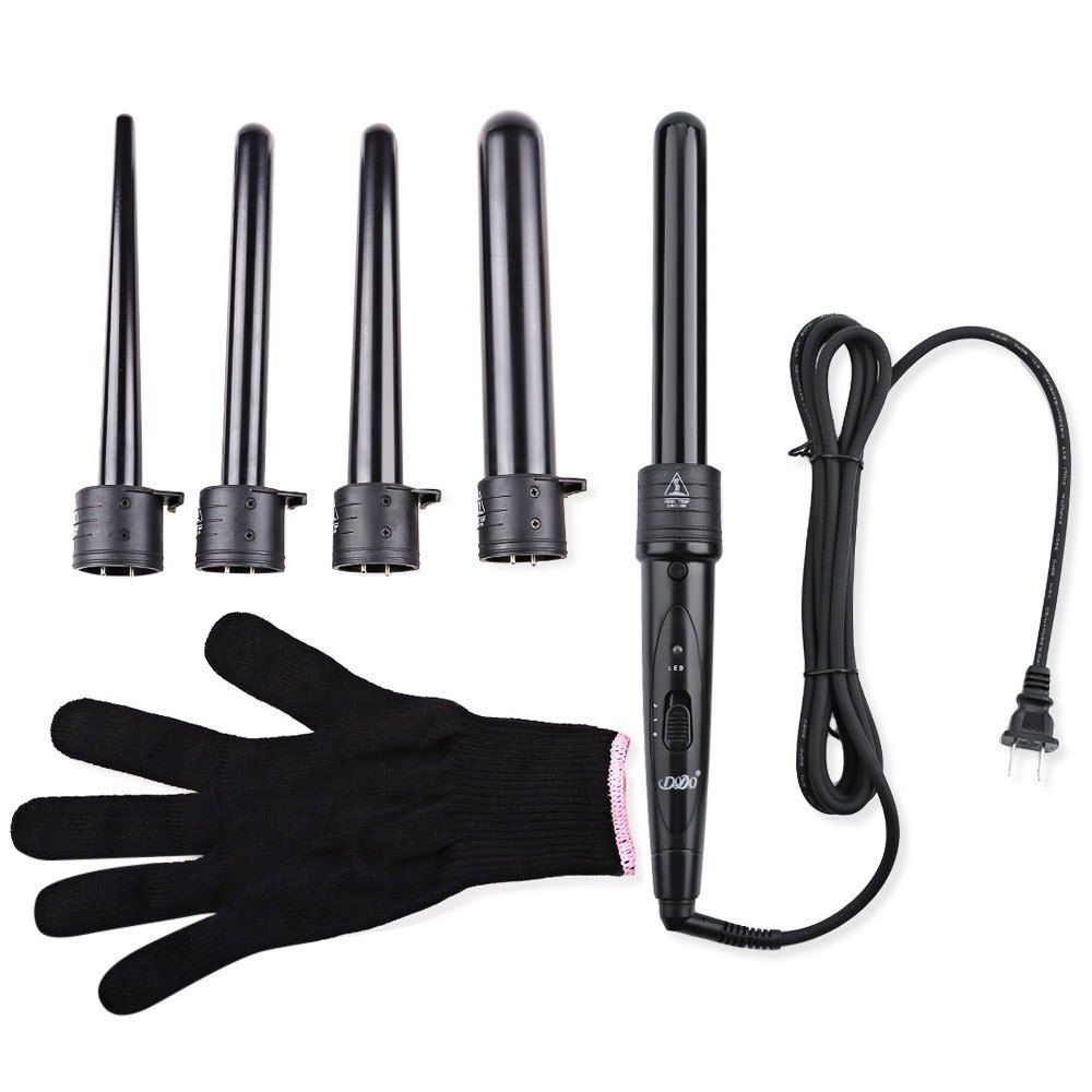 

Pro Salon 5-in-1 Interchangeable Hair Curling Iron Multi-size Roller Heat Resistant Glove Set, Black