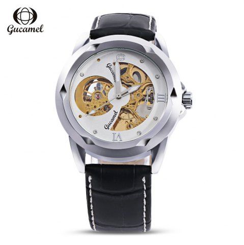Firstgrabber Gucamel G013 Men Auto Mechanical Watch Hollow Dial Luminous Leather Band Wristwatch