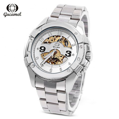 Firstgrabber Gucamel G016 Men Auto Mechanical Watch Hollow Dial Luminous Stainless Steel Band Wristwatch