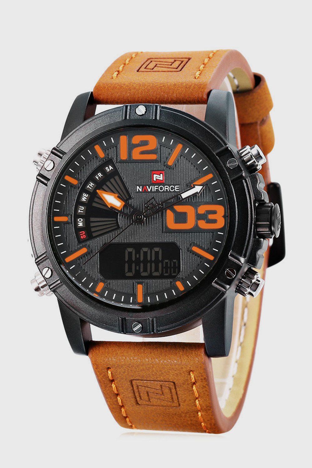 

NAVIFORCE NF9095M Men Dual Movt Watch Luminous Calendar LED Light 3ATM Wristwatch, Orange