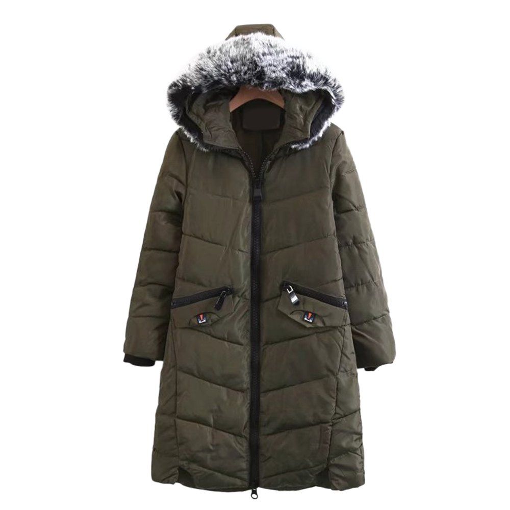 

Trendy Fur Collar Long Sleeve Zipper Pocket Padded Women Winter Coat, Army green