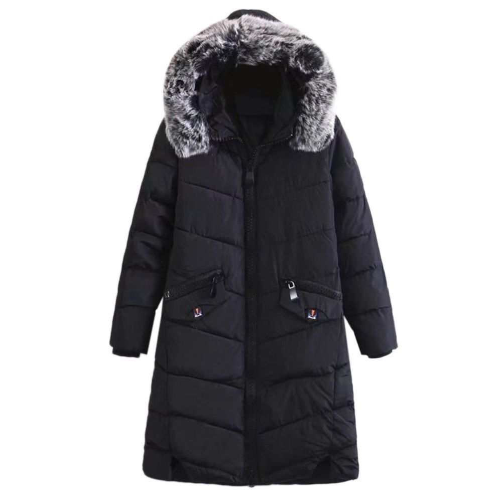 

Trendy Fur Collar Long Sleeve Zipper Pocket Padded Women Winter Coat, Black