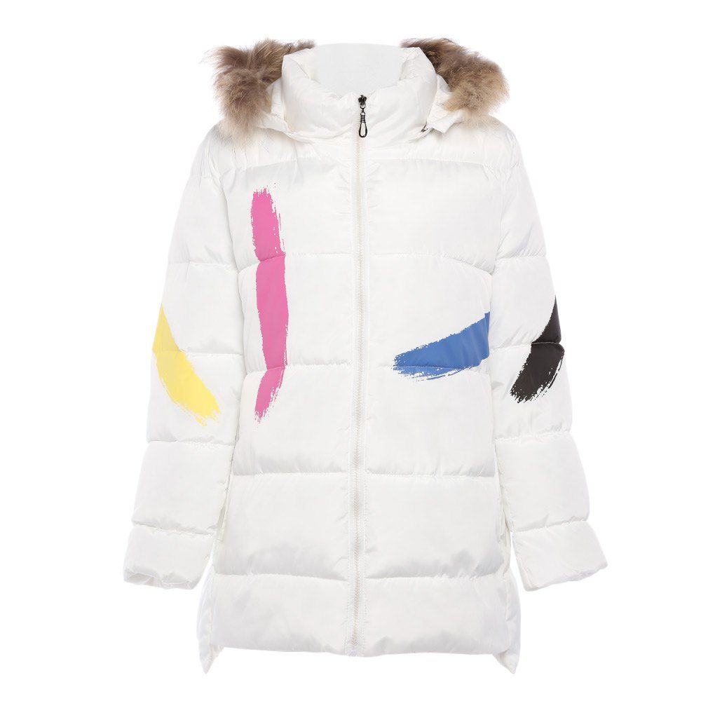 

Trendy Fur Collar Long Sleeve Print Zipper Padded Women Coat, White