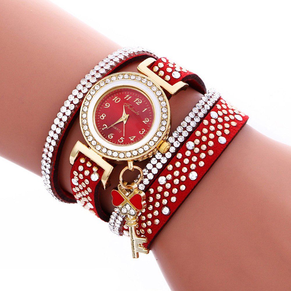 

Fulaida Quartz Female Rhinestone Watch Leather Band Hand Decoration Wristwatch, Red