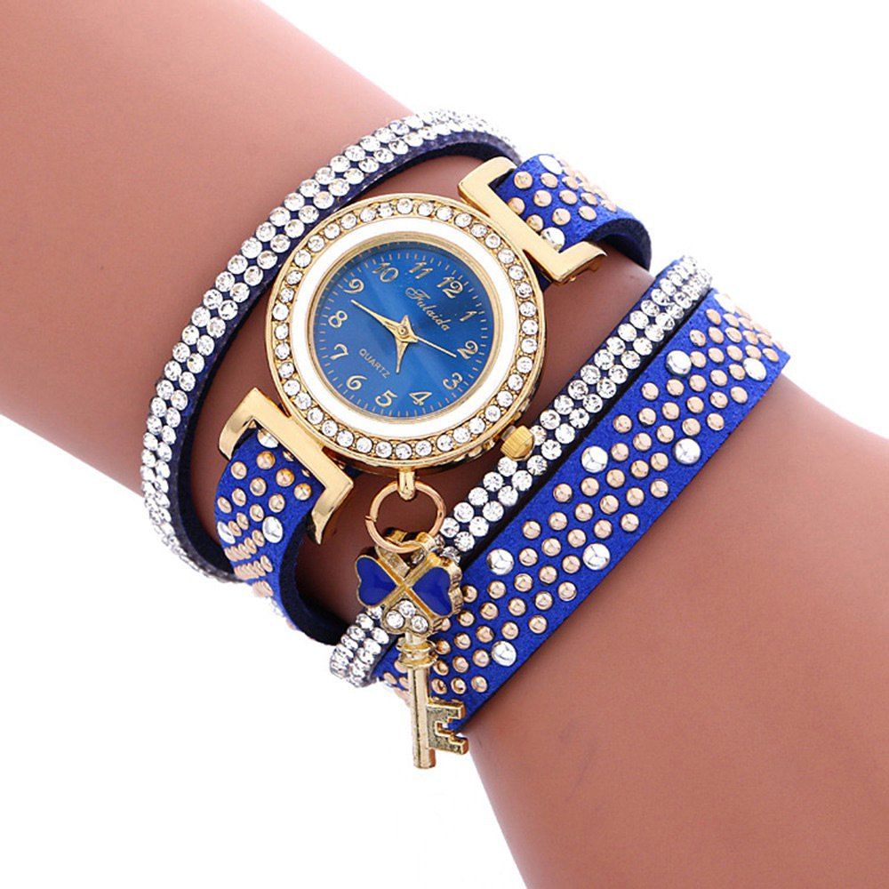 

Fulaida Quartz Female Rhinestone Watch Leather Band Hand Decoration Wristwatch, Blue