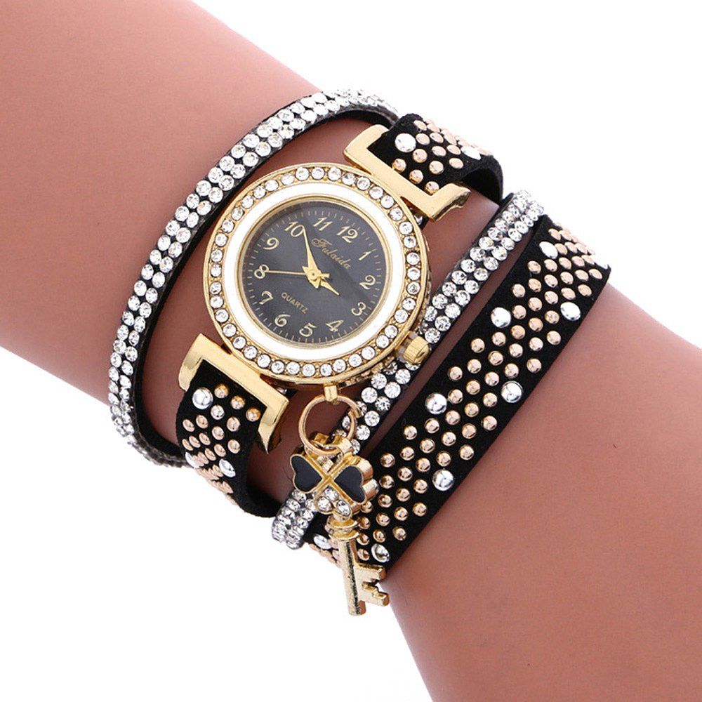 

Fulaida Quartz Female Rhinestone Watch Leather Band Hand Decoration Wristwatch, Black