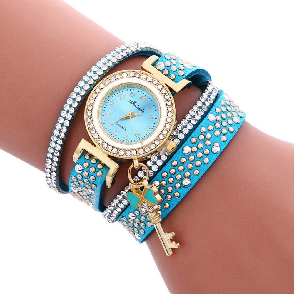 

Fulaida Quartz Female Rhinestone Watch Leather Band Hand Decoration Wristwatch, Lake blue
