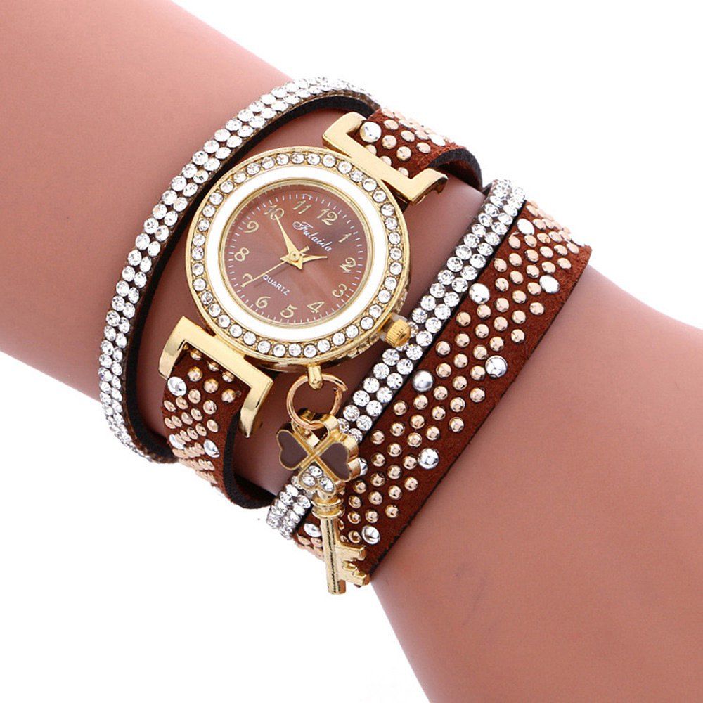 

Fulaida Quartz Female Rhinestone Watch Leather Band Hand Decoration Wristwatch, Brown