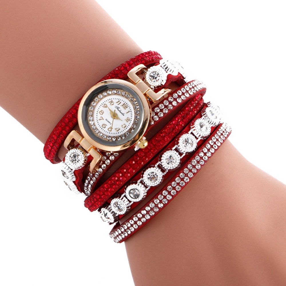 

FULAIDA Female Quartz Watch Rhinestone Leather Band Fashion Bangle Wristwatch, Red