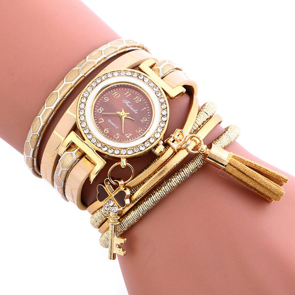 

FULAIDA Female Quartz Watch Fringed Band Bangle Wristwatch, Golden