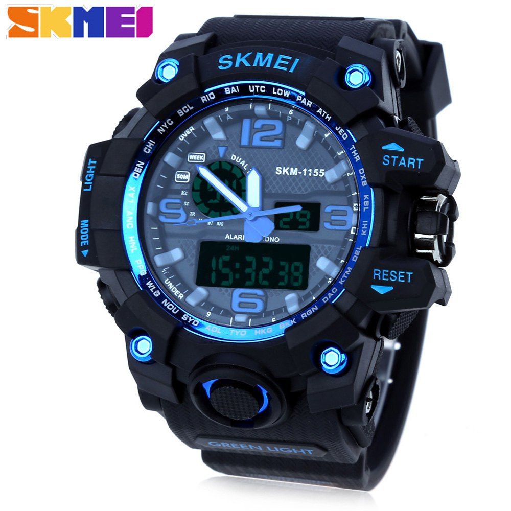 

SKMEI 1155 Men Double Movement Watch Water Resistance Dual Time Day Alarm Light Wristwatch, Blue