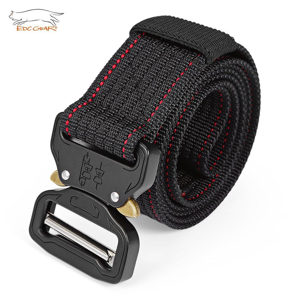 

EDCGEAR Tactical Belt Military Webbing Rigger Web Strap with Quick Release Buckle, Black and red