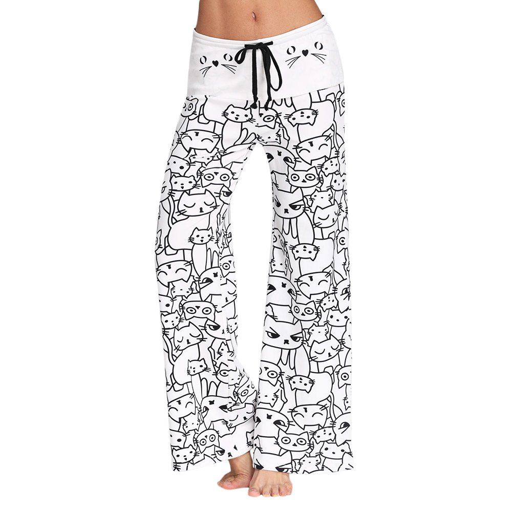 

Trendy Mid Waist Cat Print Wide-leg Drawstring Women Long Pants, White