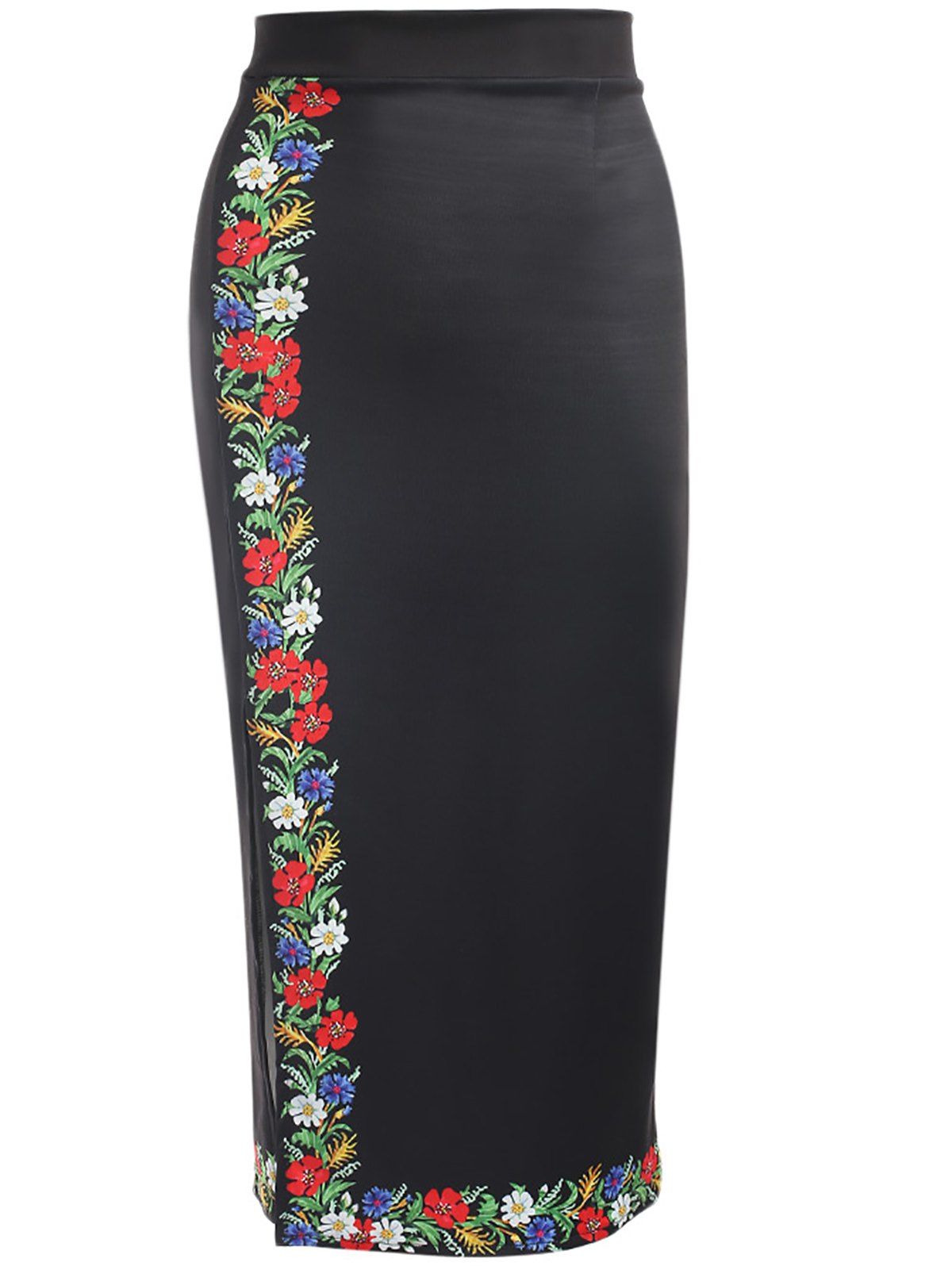 

Trendy High Waist Floral Print Slit Zipper Women Pencil Skirt, Black
