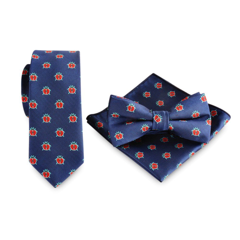 

Ladybug Print Necktie Cravat Bow Tie Handkerchief Set Wedding Party Accessories, Deep blue
