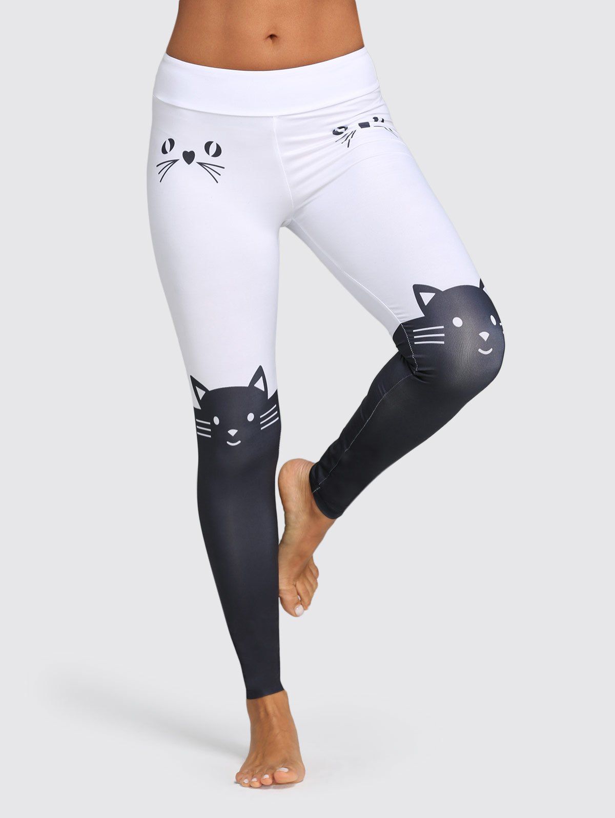 

Cat Print Color Blocking Skinny Long Pants, White