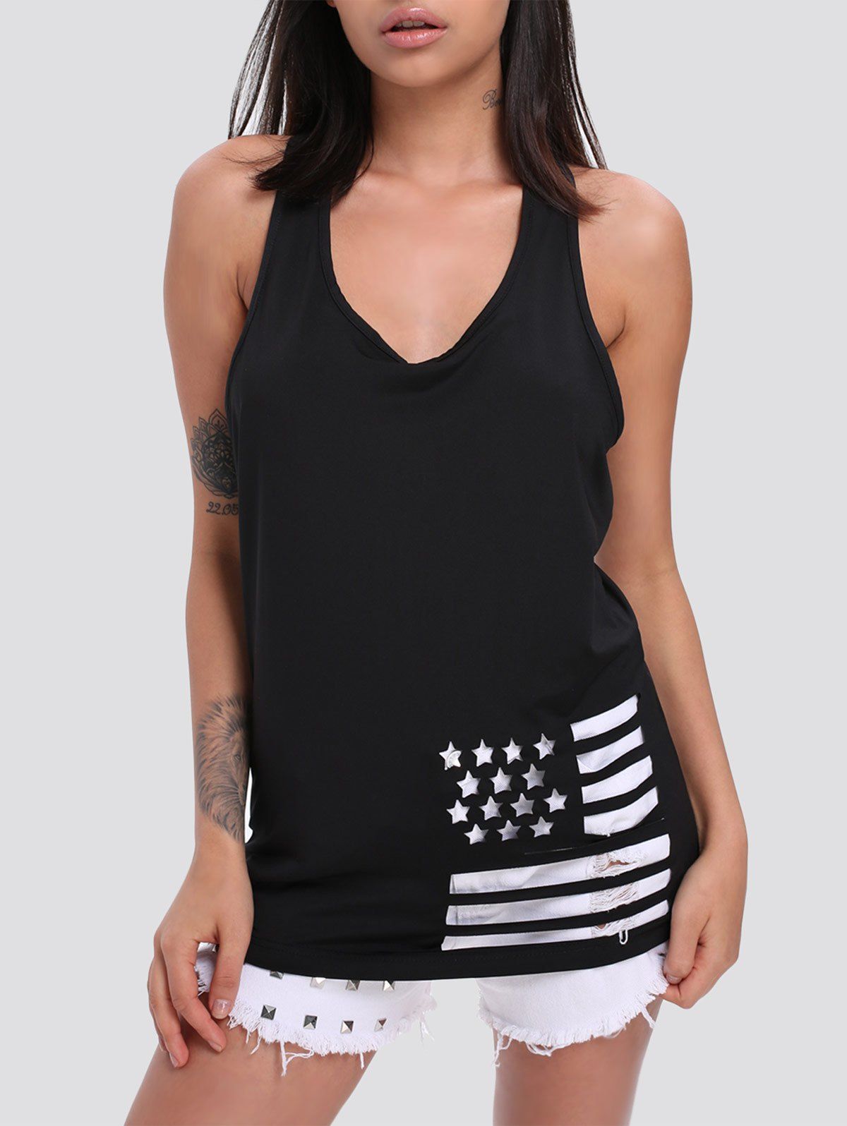 

Plunge Neck Hollow Out Trendy Tank Top, Black