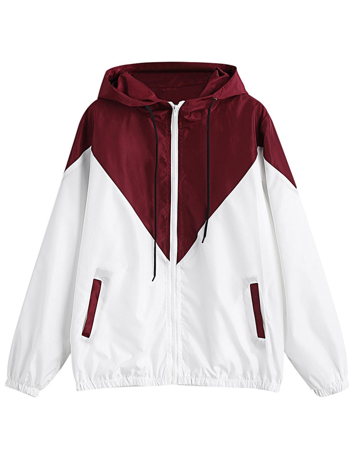 

Hooded Long Sleeve Color Blocking Pocket Jacket Plus Size Hoodie, Red wine