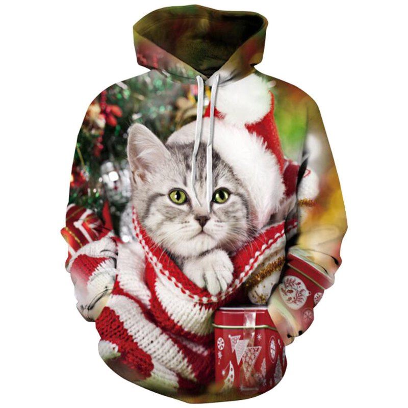

Men Casual 3D Print Hoodie Santa Cat Print Christmas Hoodie, Red