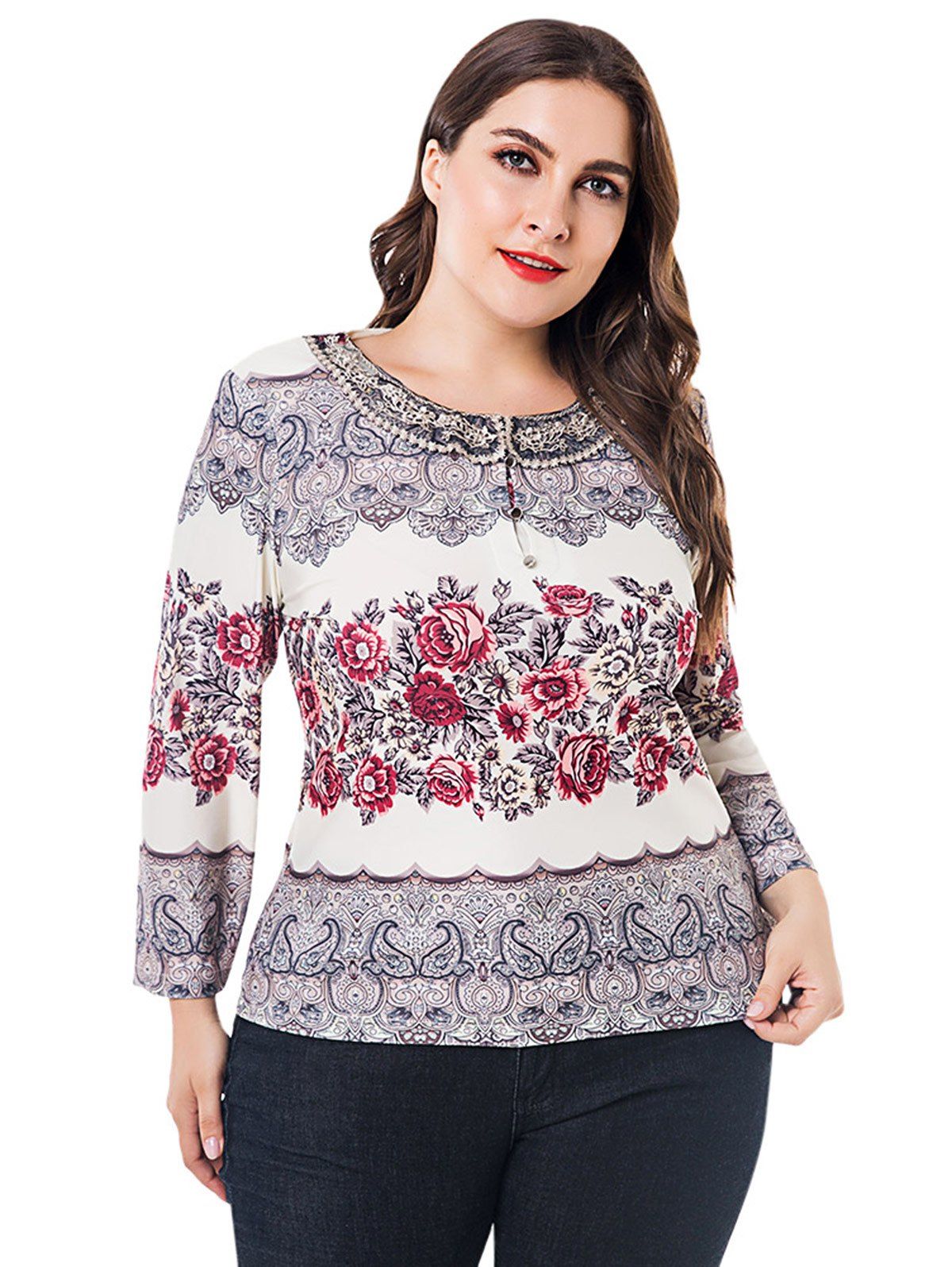 

Plus Size Round Collar Long Sleeve Spliced Lace Floral Print T-shirt, Multi