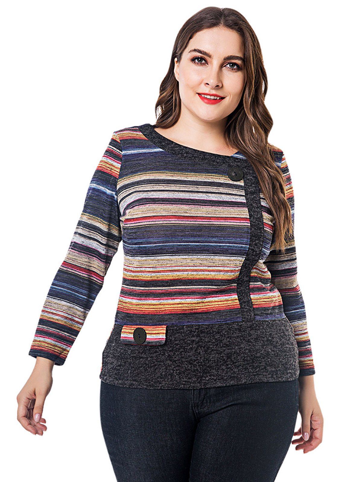 

Plus Size Round Collar Long Sleeve Colorful Stripe Button T-shirt, Multi