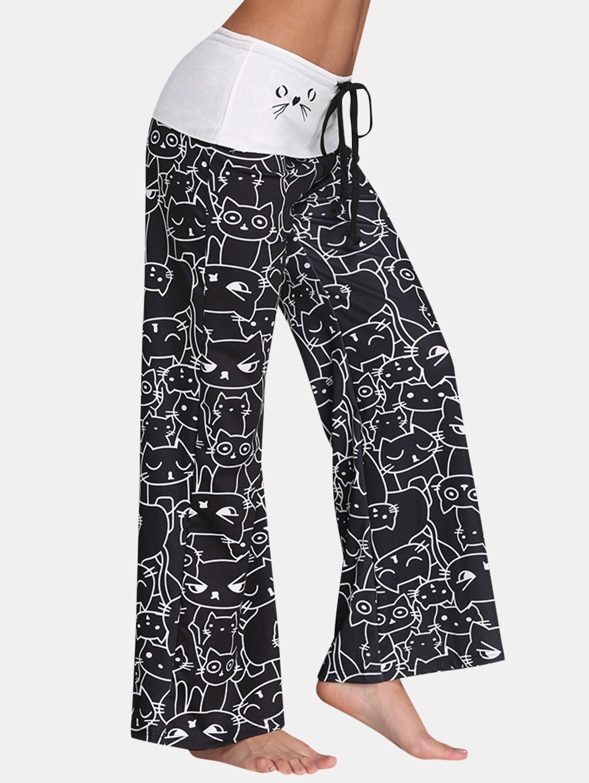 

Trendy Mid Waist Cat Print Wide-leg Drawstring Long Pants, Black