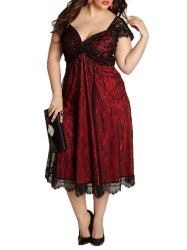 Robe gothique col en V élégante couture européenne et américaine de dentelle de grande taille - Rouge L