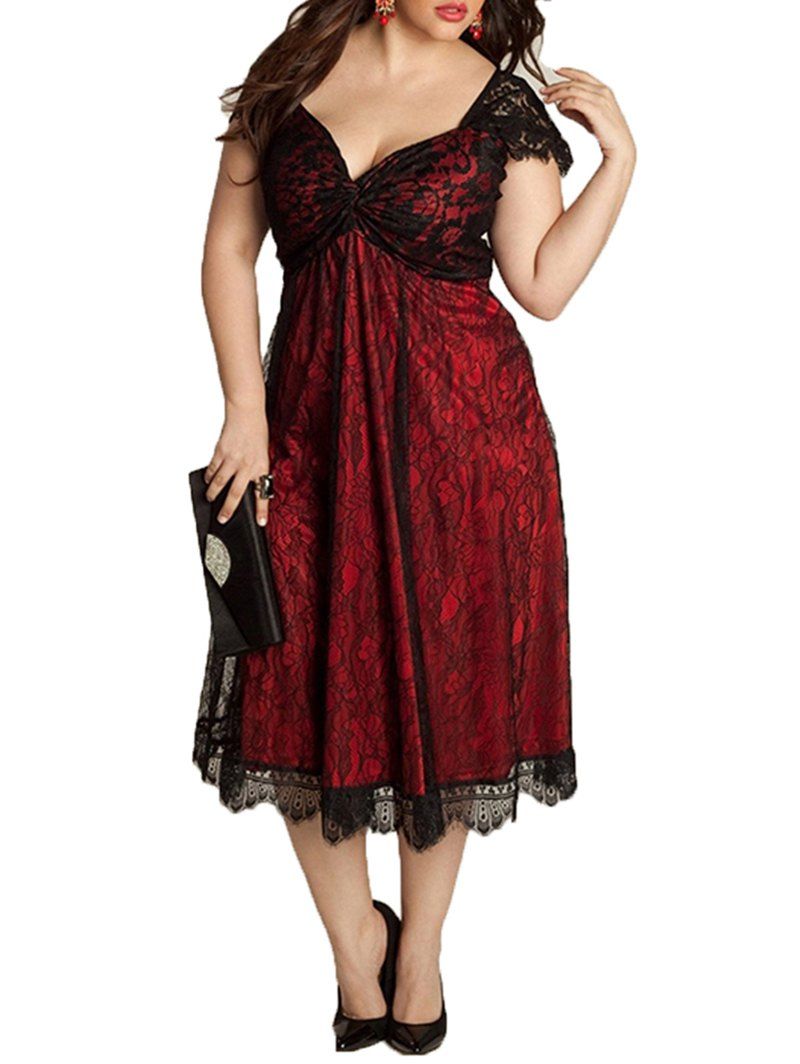 Robe gothique col en V élégante couture européenne et américaine de dentelle de grande taille Rouge 2XL
