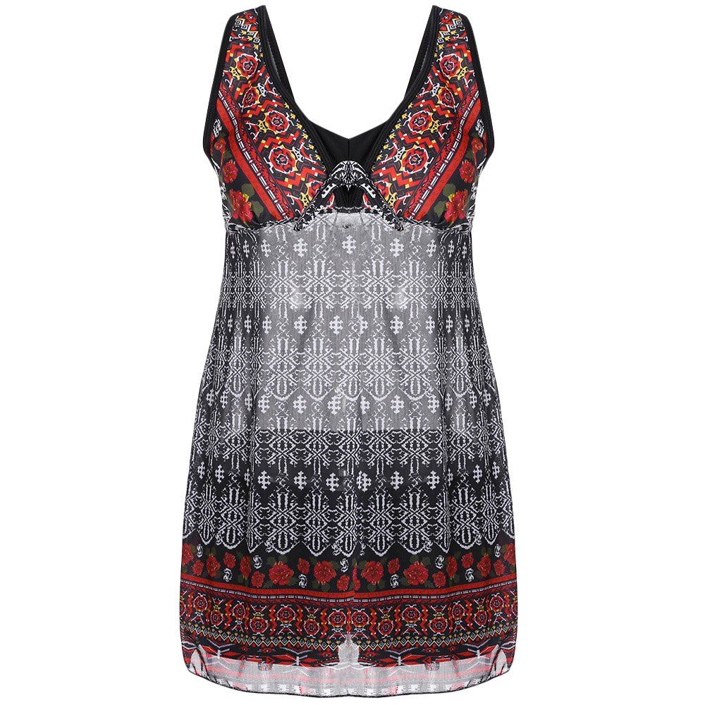 

Plunge Neck Backless Padded Floral Ethnic Print Mid Waist Women Tankini Set, Chestnut red