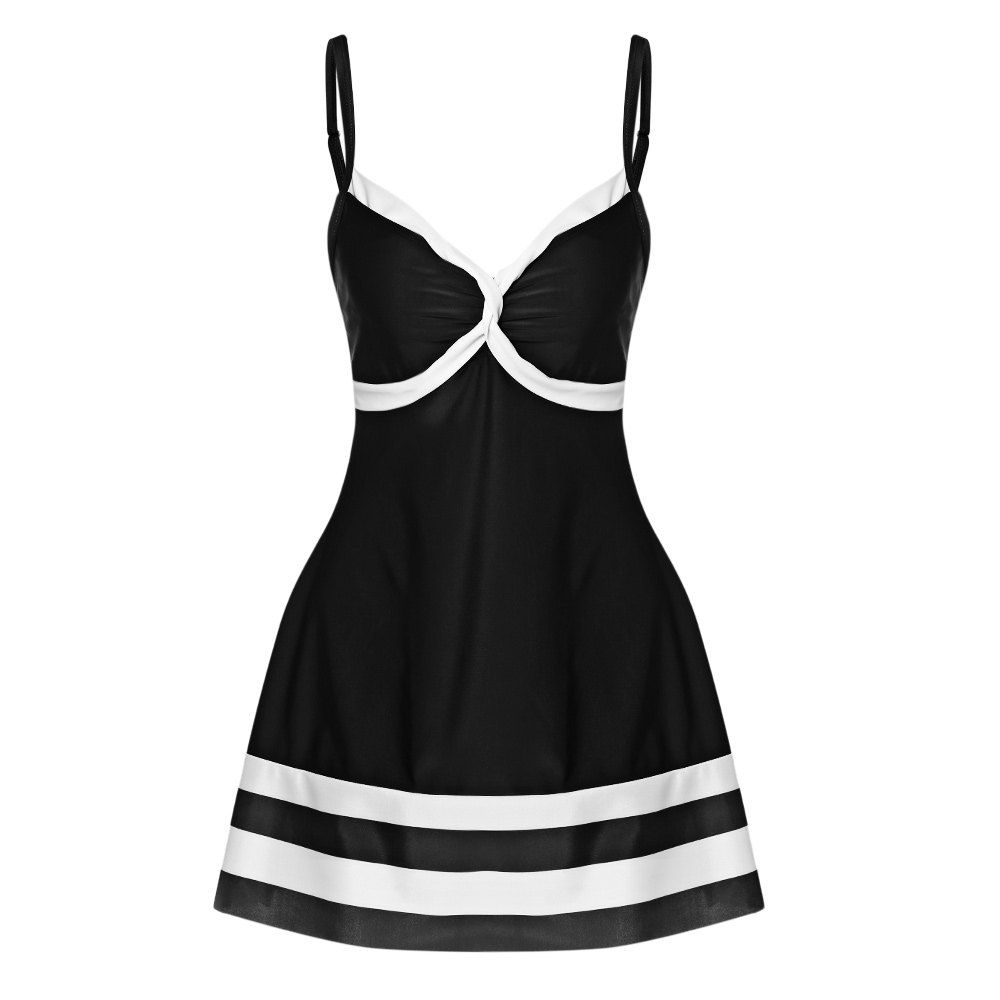 

Spaghetti Strap Padded Backless Stripe Print Mid Waist Swimsuit Women Tankini Set, Black