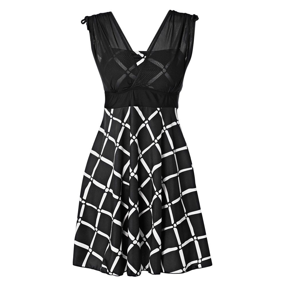 

Plunge Neck Spaghetti Strap Backless Padded Spliced Plaid Print Women Tankini Set, Black
