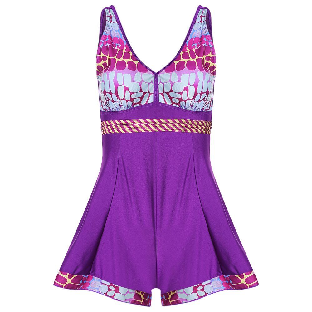 

Plunge Neck Sleeveless Padded Spliced Colorful Print Low Waist Women Tankini Set, Dark orchid