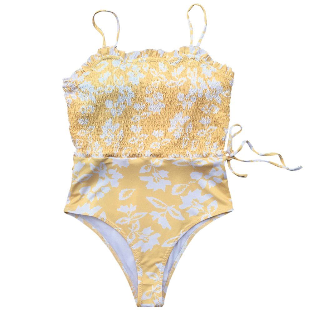 

Spaghetti Strap Padded Ruffle Floral Print Shirring Women Swimsuit, Sun yellow