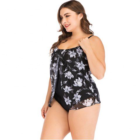 

Sexy Spaghetti Strap Floral Mesh Overlay Padded Plus Size Women Swimsuit, Black