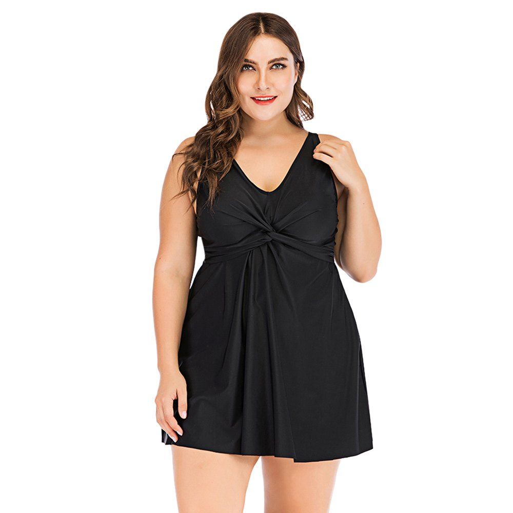 

Plunge Neck Sleeveless Ruched Solid Color Padded Mid Waist Plus Size Women Tankini Set, Black